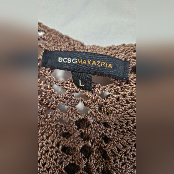 BCBGMaxAzria Crochet Metallic Thread Open Knit Top. Brown/gold. Size Large - Picture 2 of 12